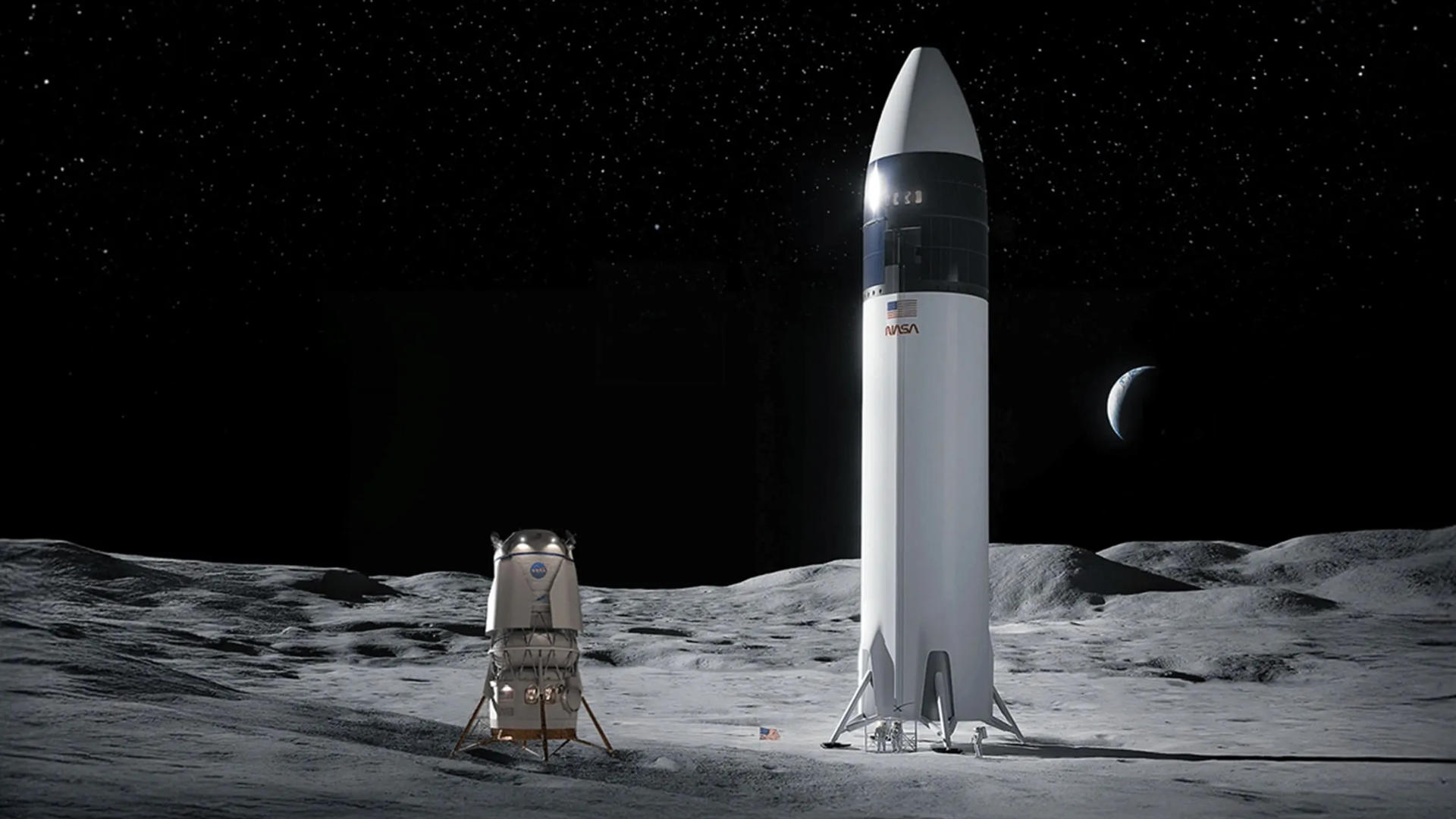 Fotografía cedida por la NASA que muestra una ilustración del módulo de aterrizaje Blue Moon de Blue Origin (i) y el módulo de aterrizaje Starship de SpaceX (d) en la superficie lunar. EFE/ NASA/Blue Origin/SpaceX /SOLO USO EDITORIAL /NO VENTAS /SOLO DISPONIBLE PARA ILUSTRAR LA NOTICIA QUE ACOMPAÑA /CRÉDITO OBLIGATORIO