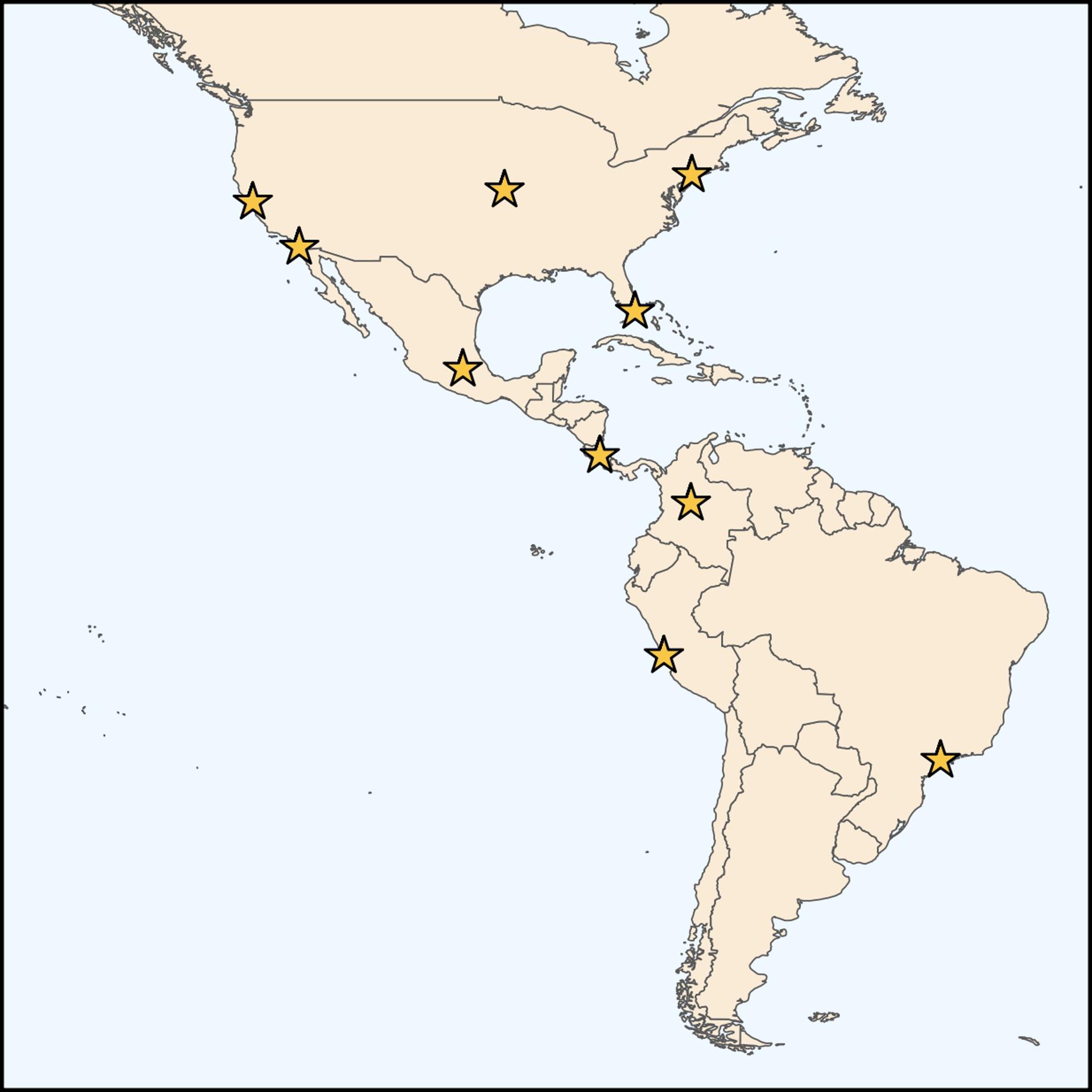 Mapa de los centros de recogida de datos de GALA en América, que ilustra la distribución geográfica de la cohorte del Consorcio Genómica del autismo en ascendencias latinas (GALA, en inglés) elaborada por Marina Natividad, investigadora de la Facultad de Medicina Icahn de Mount Sinai. Foto cedida