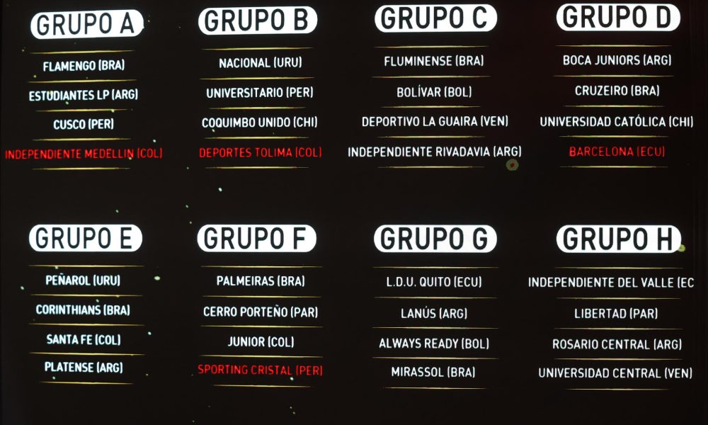 Fotografía de los grupos y los equipos que los conforman durante el sorteo de la fase de grupos de la Copa Libertadores 2026 este jueves, en Luque (Paraguay). EFE/ Juan Pablo Pino