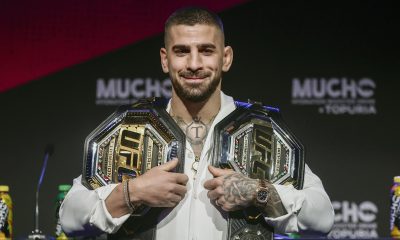 Fotografía de archivo del 4 de julio de 2025 en la que se ve al campeón del mundo del peso ligero de artes marciales mixtas, el español Ilia Topuria, al comparecer en una rueda de prensa en Madrid tras ganar el título el pasado domingo en Las Vegas (Estados Unidos). EFE/Sergio Pérez