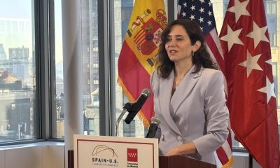 La presidenta de la Comunidad de Madrid, Isabel Díaz Ayuso, habla durante una reunión con inversores este lunes, en Nueva York (EE.UU.). EFE/ Jan Téllez Asensio