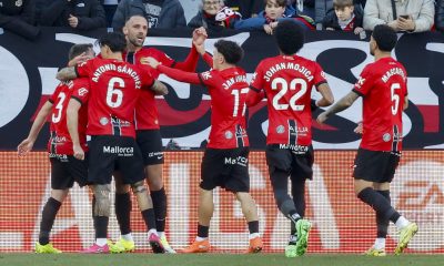 Jugadores del Mallorca celebran el primer gol del equipo, durante un partido de liga. EFE/J.J. Guillén/Archivo