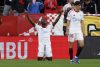 El delantero nigeriano del Sevilla Akor Adams celebra su gol durante el partido de la jornada 27 de LaLiga que Sevilla FC y Rayo Vallecano disputaron en el estadio Ramón Sánchez-Pizjuán. EFE/Julio Muñoz
