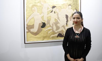 Mandatarias y mujeres poderosas como Ursula Von der Leyen, Angela Merkel, Hillary Clinton o Kamala Harris aparecen desnudas en una serie de retratos individuales y en dos pinturas de orgías que forman parte del trabajo artístico que la afgana Kubra Khademi ha presentado en ARCOmadrid para protestar por la situación de las mujeres en su país.EFE/ Mariscal