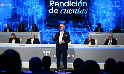 El presidente ejecutivo de Telefónica, Marc Mutra, interviene en la Junta de Accionistas este jueves en Madrid. EFE/ Fernando Villar