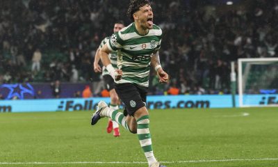 El jugador del Sporting CP Maxi Araujo celebra el 4-0 durante el partido de vuelta de octavos de final de la UEFA Champions League que han jugado Sporting CP y FK Bodo/Glimt, en Lisboa, Portugal. EFE/EPA/ANTONIO COTRIM
