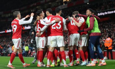 Los jugadores del Arsenal celebran un gol al Brighton en Londres, Reino Unido. EFE/EPA/ANDY RAIN