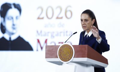 La presidenta de México, Claudia Sheinbaum, habla durante una rueda de prensa este lunes, en el Palacio Nacional de la Ciudad de México (México). EFE/ Sáshenka Gutiérrez