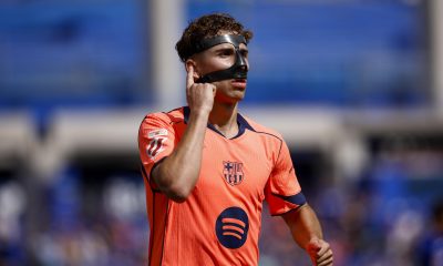El centrocampista del FC Barcelona Fermín López celebra tras marcar el 0-1 durante el partido de LaLiga entre Getafe CF y FC Barcelona celebrado en el estadio Coliseum de Getafe (Madrid). EFE/ Daniel González