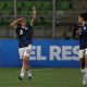 Florencia Bonsegundo (i), de Argentina, celebra el gol del triunfo de Argentina en su visita a Chile en la Liga de Naciones Femenina en el Estadio Elías Figueroa en Valparaíso. EFE/Adriana Thomasa