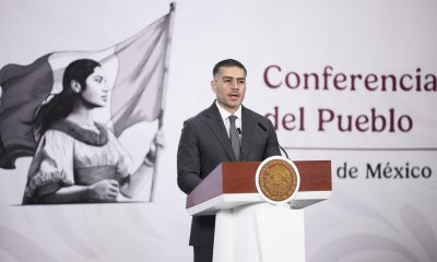 El secretario de Seguridad y Protección Ciudadana de México, Omar García Harfuch, habla durante una conferencia de prensa este martes en el Palacio Nacional de la Ciudad de México (México). EFE/José Méndez