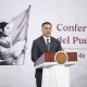 El secretario de Seguridad y Protección Ciudadana de México, Omar García Harfuch, habla durante una conferencia de prensa este martes en el Palacio Nacional de la Ciudad de México (México). EFE/José Méndez