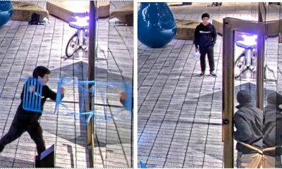 Combo de capturas de video de las cámaras de seguridad tomadas de la cuenta oficial en X @TheJusticeDept del Departamento de Justicia de Estados Unidos que muestran a Daniel Moreno-Gama, de 20 años, golpeando una puerta con una silla en San Francisco (EE.UU.). EFE/ @TheJusticeDept /SOLO USO EDITORIAL/NO VENTAS/SOLO DISPONIBLE PARA ILUSTRAR LA NOTICIA QUE ACOMPAÑA (CRÉDITO OBLIGATORIO)