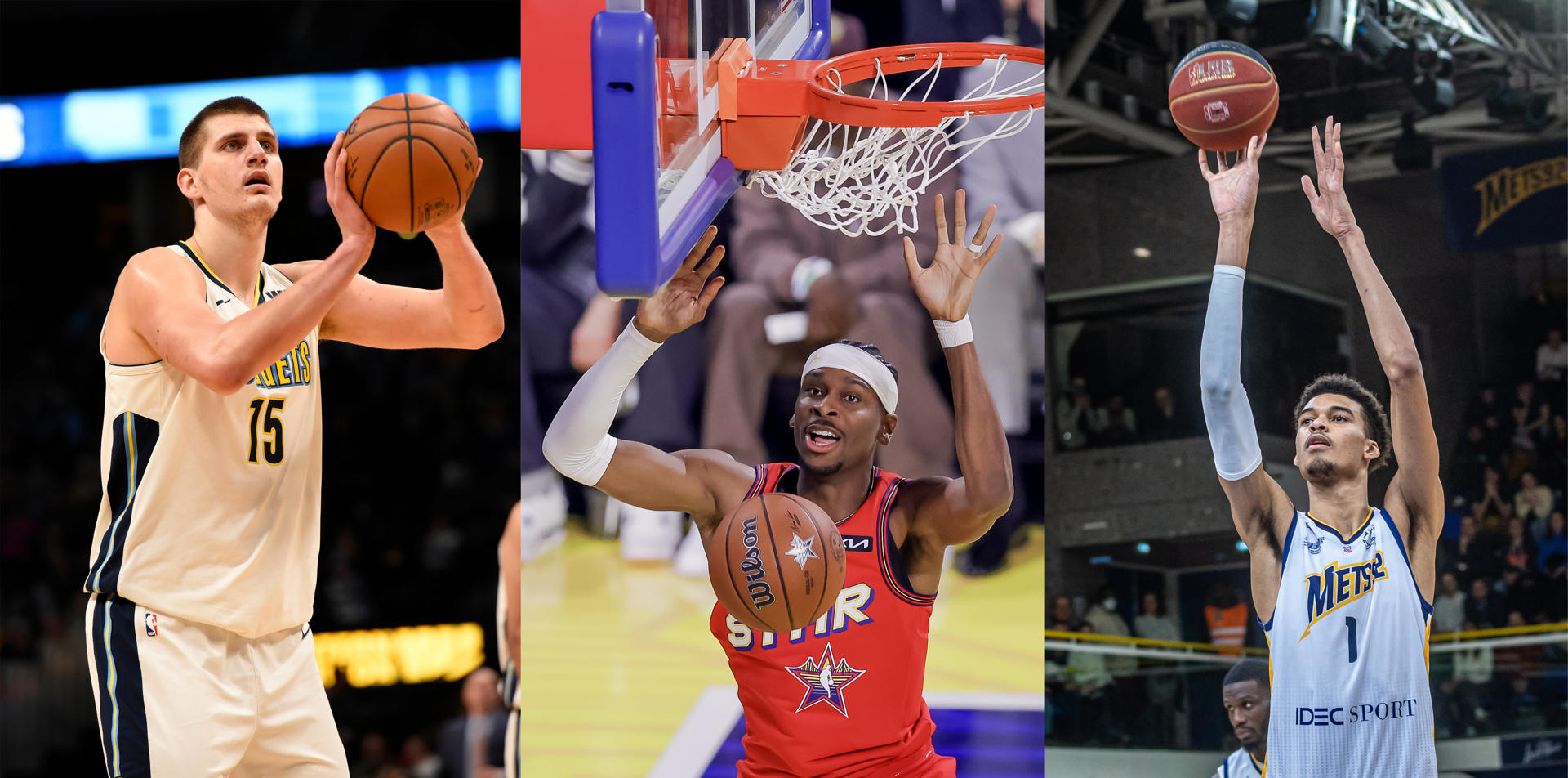 Combo de fotografías de archivo del canadiense Shai Gilgeous-Alexander (c), el serbio Nikola Jokic (i) y el francés Victor Wembanyama (d) quienes son los tres finalistas al MVP de la temporada regular 2025-26 de la NBA. EFE/John G. Mabanglo/Todd Pierson/Christophe Petit Tesson/ARCHIVO