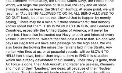 El presidente de Estados Unidos, Donald Trump, en un mensaje difundido en su red social, Truth Social, anunció este domingo que su país tomará el control del estrecho de Ormuz "con efecto inmediato" después de que las negociaciones con Irán en Pakistán finalizaran sin un acuerdo para su reapertura. EFE/Truth Social Donald Trump -SÓLO USO EDITORIAL/SOLO USO PERMITIDO PARA ILUSTRAR LA NOTICIA QUE APARECE EN EL PIE DE FOTO (CRÉDITO OBLIGATORIO)-