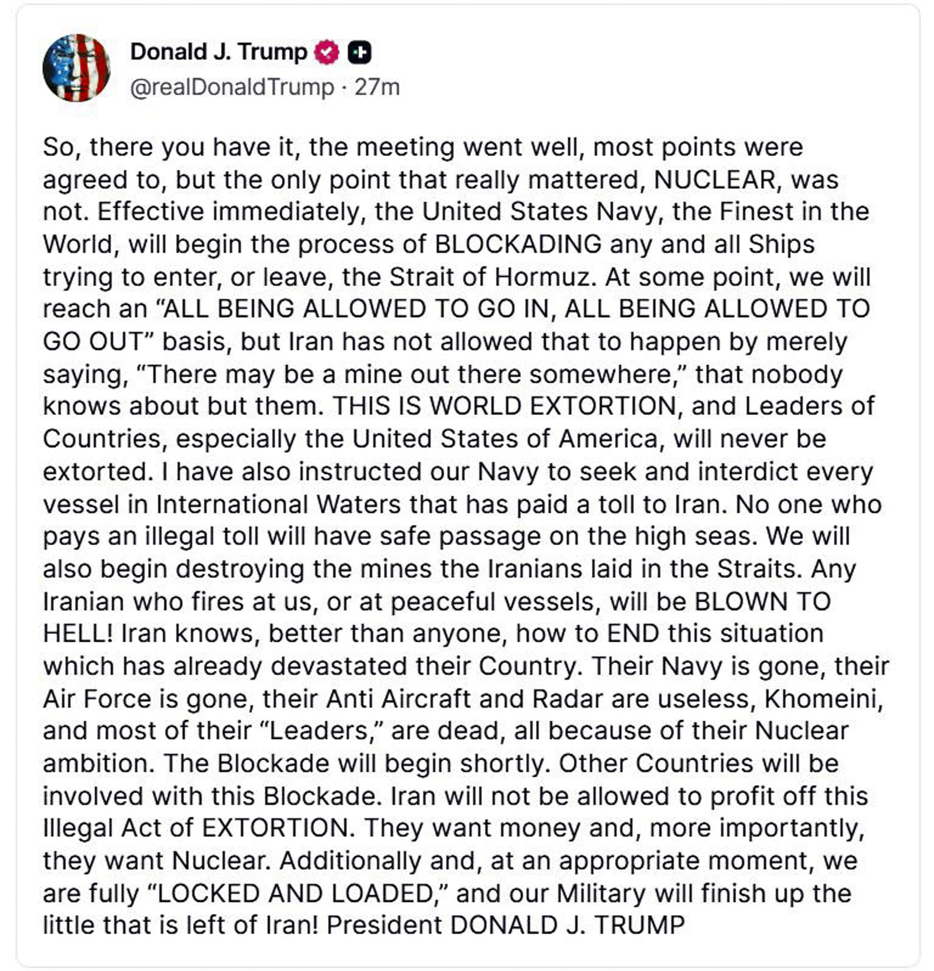 El presidente de Estados Unidos, Donald Trump, en un mensaje difundido en su red social, Truth Social, anunció este domingo que su país tomará el control del estrecho de Ormuz "con efecto inmediato" después de que las negociaciones con Irán en Pakistán finalizaran sin un acuerdo para su reapertura. EFE/Truth Social Donald Trump -SÓLO USO EDITORIAL/SOLO USO PERMITIDO PARA ILUSTRAR LA NOTICIA QUE APARECE EN EL PIE DE FOTO (CRÉDITO OBLIGATORIO)-
