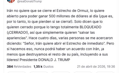 Captura de pantalla de la cuenta oficial de Truth Social del presidente de Estados Unidos, Donald Trump, @realDonaldTrump que muestra una publicación donde aseguró que Irán no quiere que "se cierre el estrecho de Ormuz". EFE/ @realDonaldTrump /SOLO USO EDITORIAL/ NO VENTAS/ SOLO DISPONIBLE PARA ILUSTRAR LA NOTICIA QUE ACOMPAÑA (CRÉDITO OBLIGATORIO)