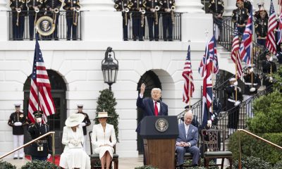 El presidente de Estados Unidos, Donald Trump, habla durante la ceremonia de bienvenida del rey Carlos III, de Reino Unido, en el jardín sur de la Casa Blanca. EFE/Luke Johnson