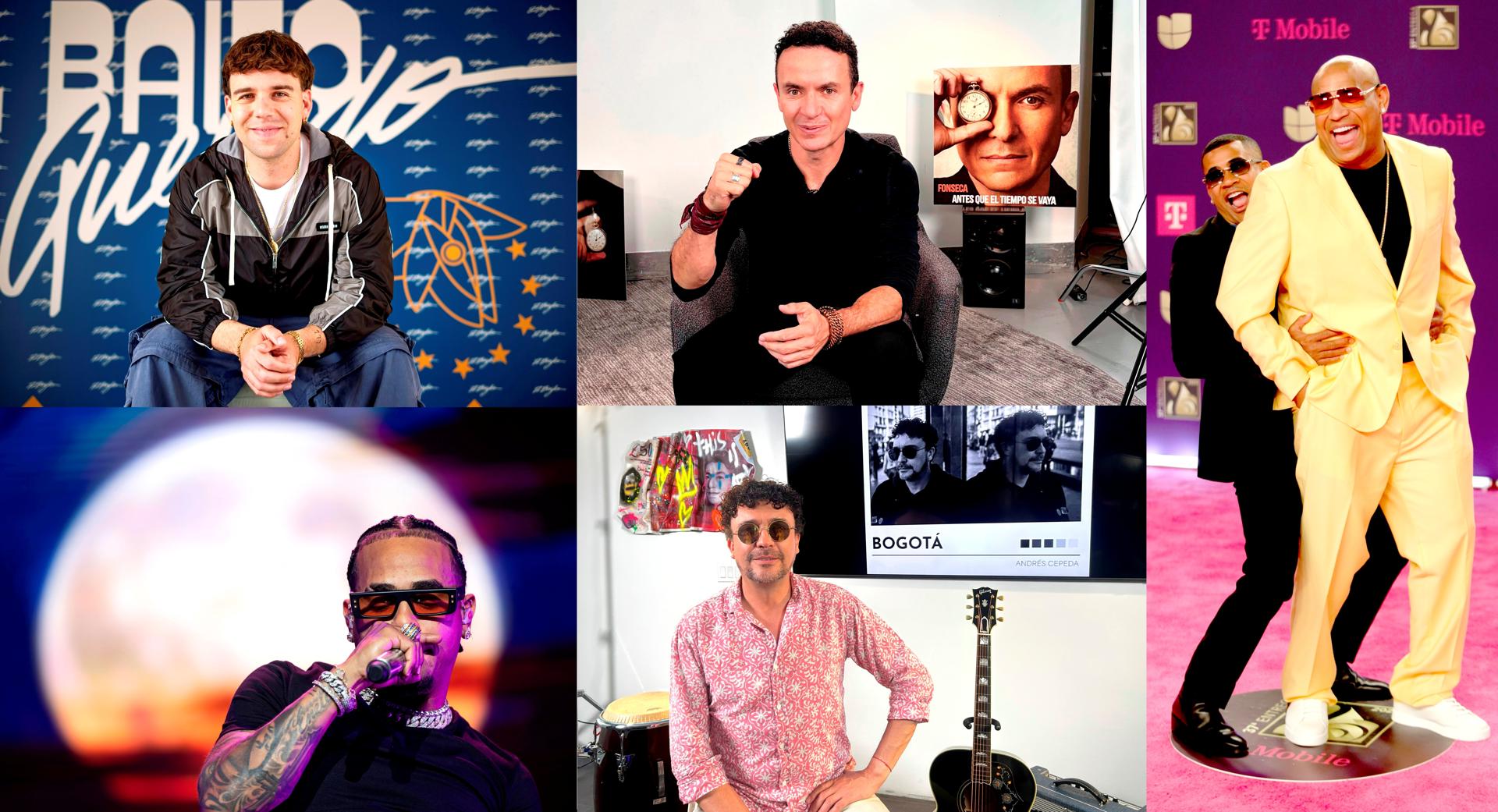 Composición de fotografías de archivo donde aparecen los cantantes Quevedo (i-arriba), Fonseca (c-arriba), Ozuna (i-abajo), Andrés Cepeda (c-abajo) y el dúo Gente de Zona. EFE/A. Medina /D. Pérez /I. Malaver /B. Escriche /M. Pacheco