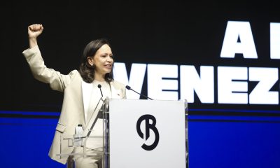 MADRID, 18/04/2026.- La líder opositora venezolana María Corina Machado durante la rueda de prensa ofrecida este sábado en Madrid. EFE/Víctor Lerena