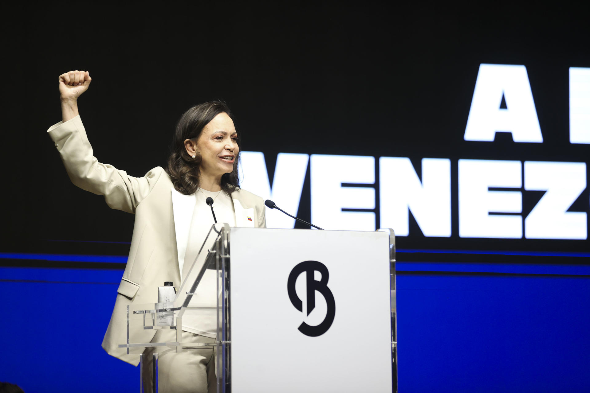 MADRID, 18/04/2026.- La líder opositora venezolana María Corina Machado durante la rueda de prensa ofrecida este sábado en Madrid. EFE/Víctor Lerena