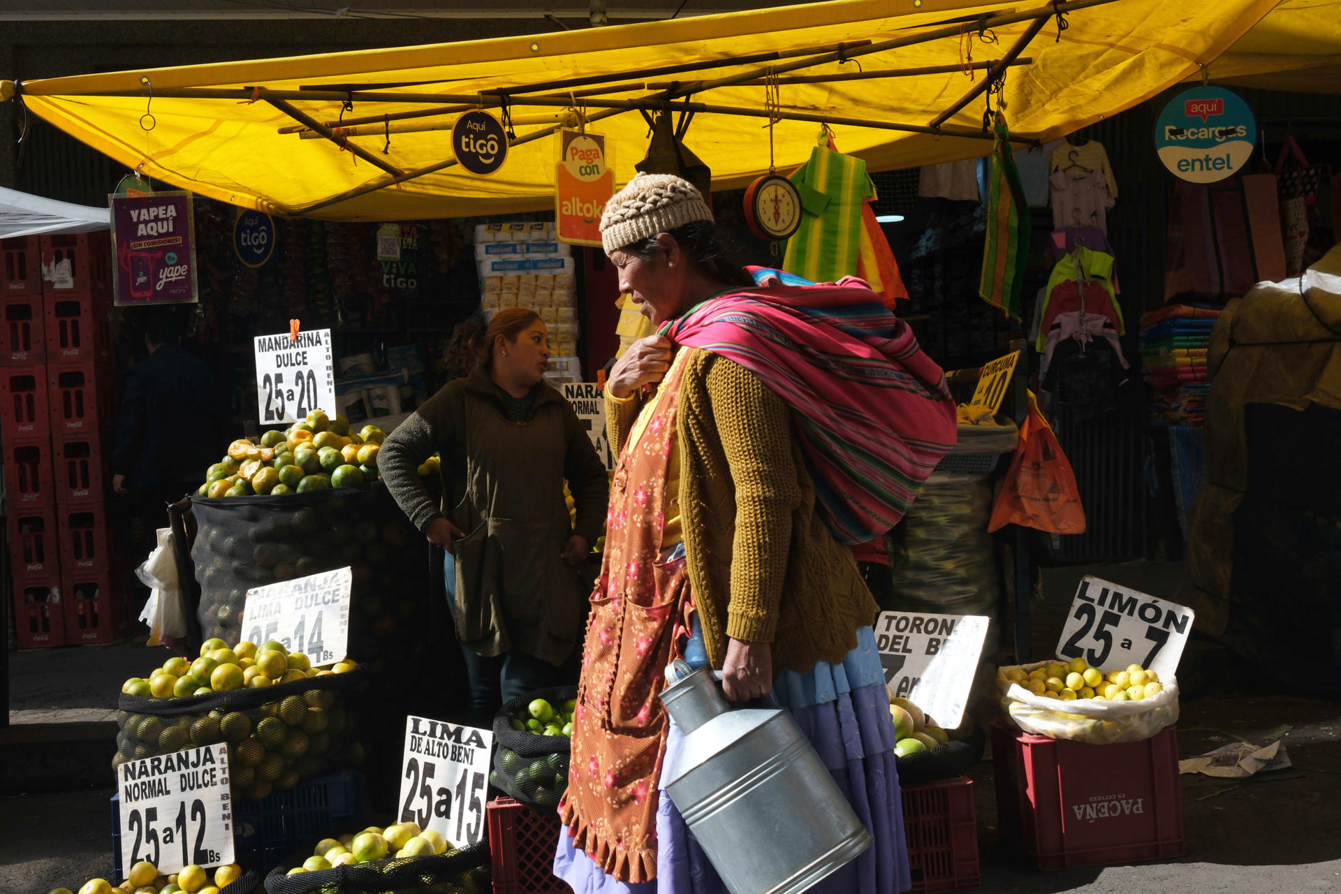 Una mujer aimara camina en un mercado popular este martes, en La Paz (Bolivia). EFE/Luis Gandarillas