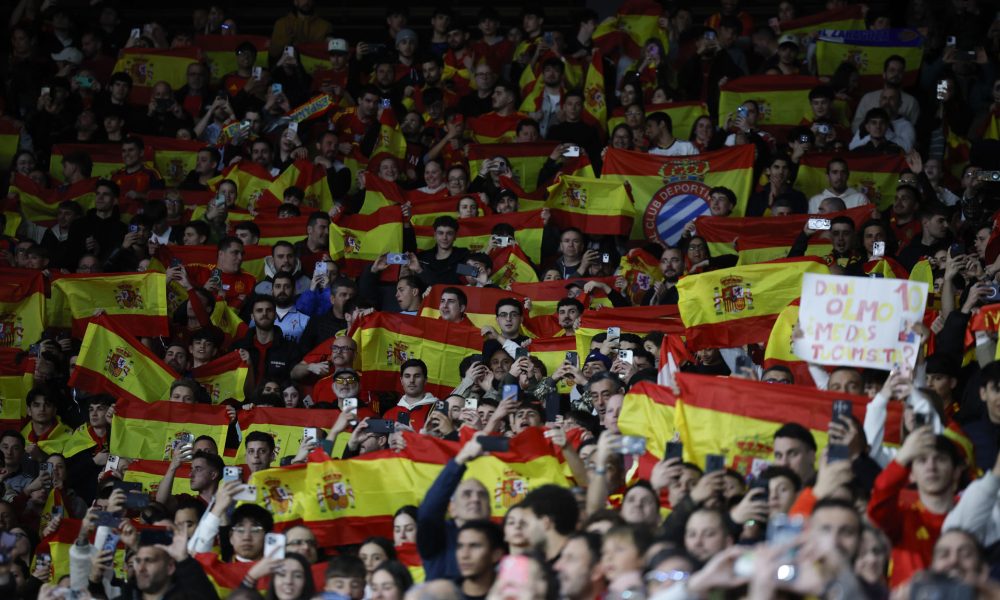 Aficionados españoles durante el partido amistoso que las selecciones de España y Egipto disputaron en el RCDE Stadium de Cornellá-El Prat, en Barcelona, encuentro en el que se produjeron cánticos islamófobos. EFE/Alberto Estévez
