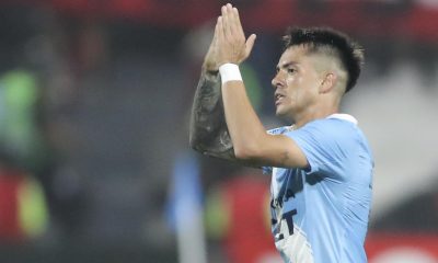 Santiago González celebra el primer gol anotado para Sporting Cristal en el partido de la tercera jornada de la fase de grupos de la Copa Libertadores  contra Junior en el estadio Alejandro Villanueva de Lima. EFE/ Paolo Aguilar