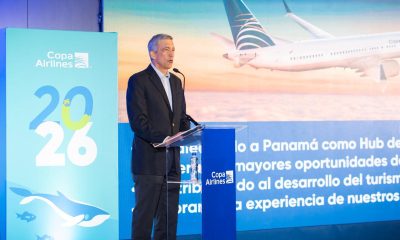 Fotografía cedida por Copa Airlines, que muestra al presidente ejecutivo de Copa Airlines, Pedro Heilbron, hablando durante las proyecciones de Copa Airlines 2026 este jueves, en Ciudad de Panamá (Panamá). EFE/ Copa Airlines