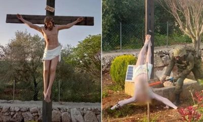 Un soldado israelí destruye a martillazos un Cristo en el sur de Líbano (derecha). EFE/ Agencia de noticias ISNA  - SOLO USO EDITORIAL/SOLO DISPONIBLE PARA ILUSTRAR LA NOTICIA QUE ACOMPAÑA (CRÉDITO OBLIGATORIO) -