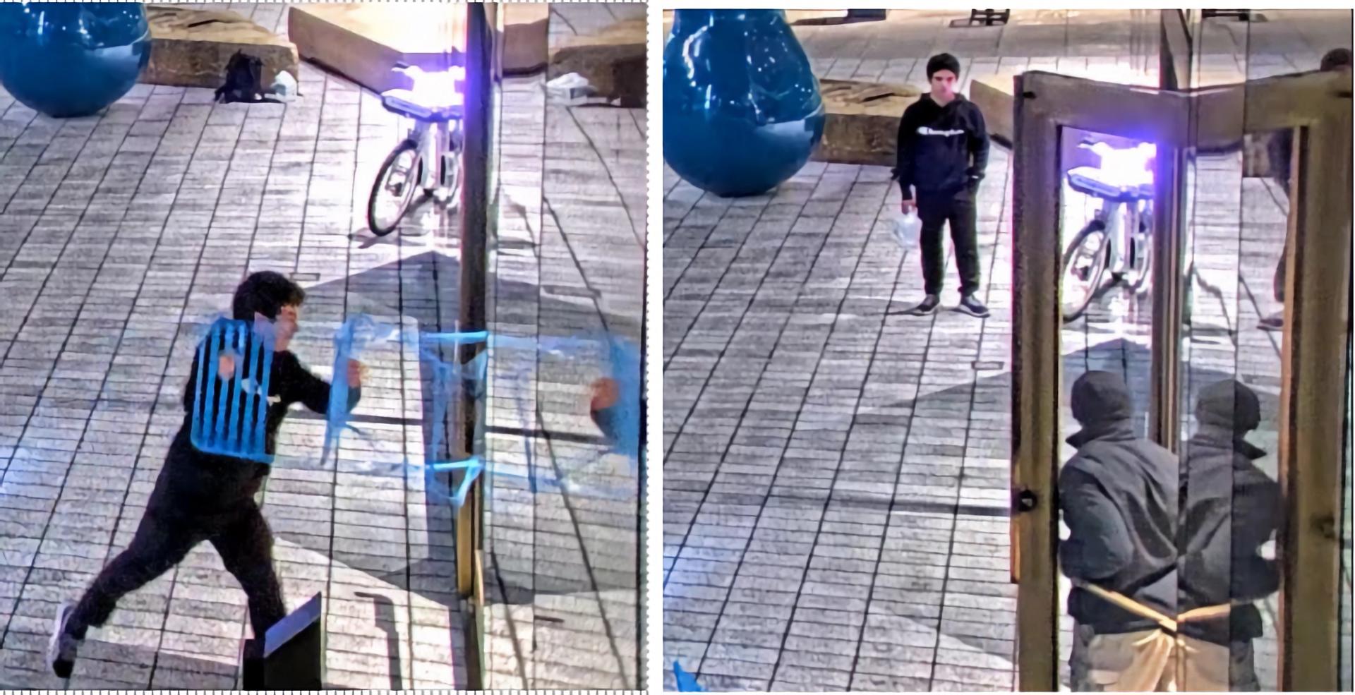 Combo de capturas de video de las cámaras de seguridad tomadas de la cuenta oficial en X @TheJusticeDept del Departamento de Justicia de Estados Unidos que muestran a Daniel Moreno-Gama, de 20 años, golpeando una puerta con una silla en San Francisco (EE.UU.). EFE/ @TheJusticeDept /SOLO USO EDITORIAL/NO VENTAS/SOLO DISPONIBLE PARA ILUSTRAR LA NOTICIA QUE ACOMPAÑA (CRÉDITO OBLIGATORIO)