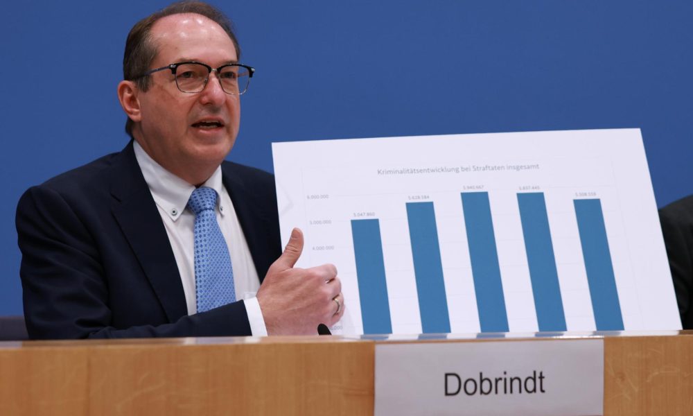 El ministro del Interior alemán, Alexander Dobrindt, sostiene un gráfico de tendencias delictivas durante la presentación de las Estadísticas de Criminalidad Policial Alemana de 2025 en la Conferencia de Prensa Federal en Berlín, Alemania, 20 de abril de 2026. EFE/EPA/CLEMENS BILAN