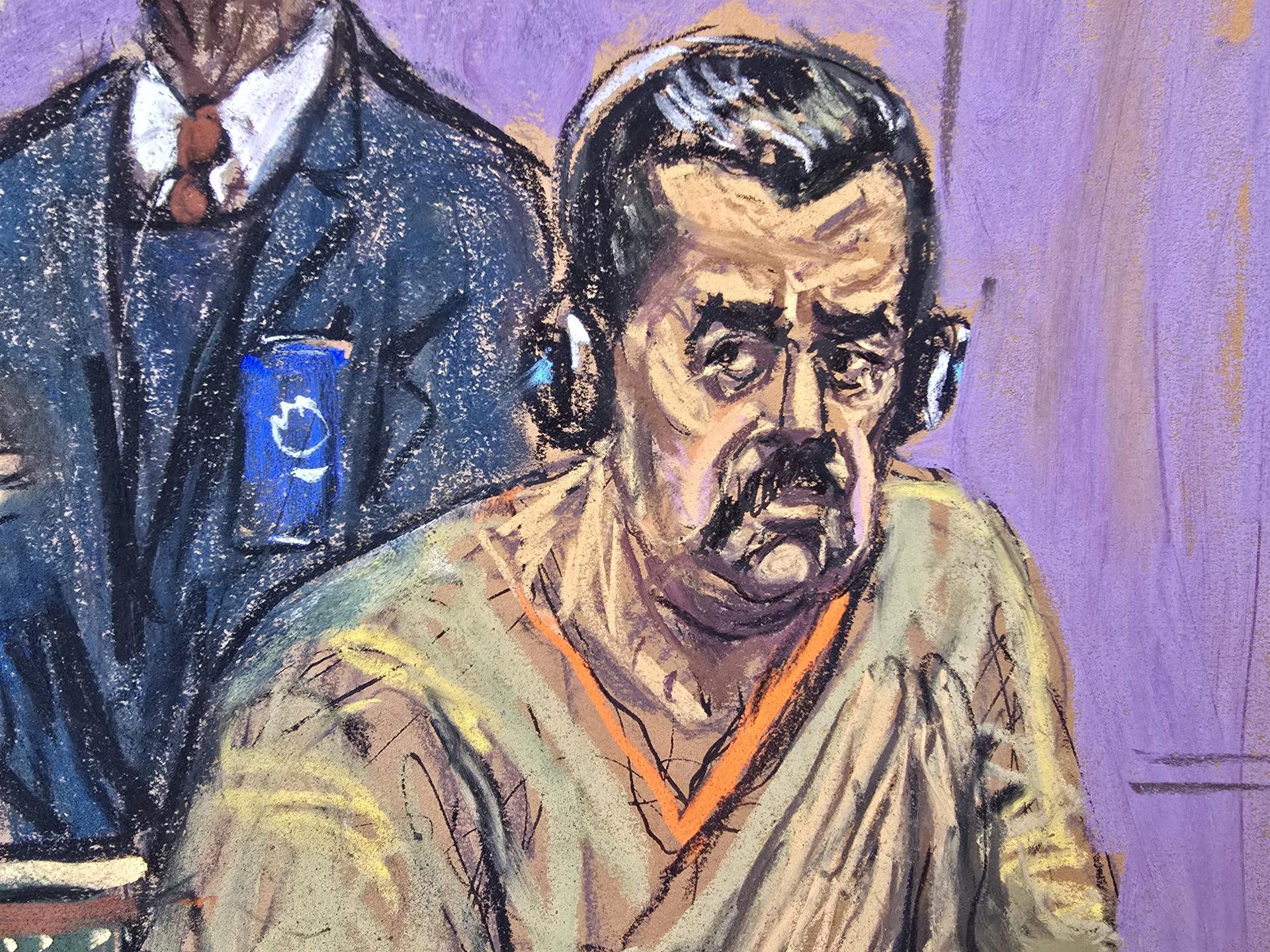 Fotografía de un dibujo realizado por la artista Jane Rosenberg donde aparece el depuesto presidente de Venezuela, Nicolás Maduro, durante su comparecencia ante un tribunal federal en Nueva York (EE.UU.). EFE/ Jane Rosenberg