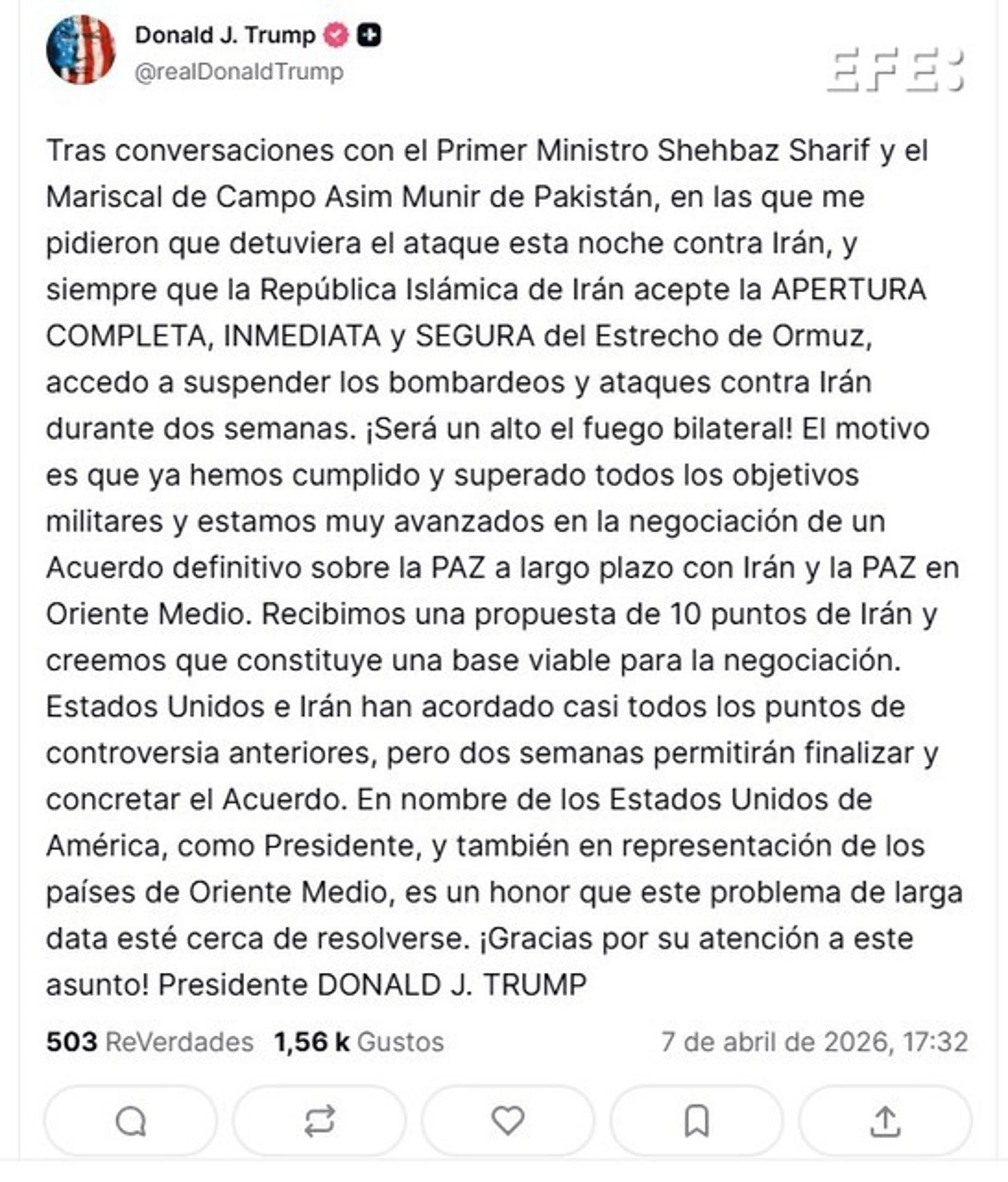 Captura de una publicación en la cuenta @realDonaldTrump en Truth Social del presidente de EE.UU., Donald Trump, este martes que anuncia el aplazamiento por dos semanas el ataque contra las infraestructuras críticas iraníes. EFE/ @realDonaldTrump /SOLO USO EDITORIAL/ SOLO DISPONIBLE PARA ILUSTRAR LA NOTICIA QUE ACOMPAÑA (CRÉDITO OBLIGATORIO)