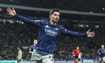 El jugador del Arsenal Kai Havertz celebra el 0-1 durante el partido de ida de cuarto de final que han jugado Sporting CP y Arsenal FC en el Jose Alvalade Stadium en Lisboa, Portugal. EFE/EPA/MIGUEL A. LOPES
