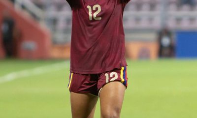 Génesis Flórez, de Venezuela, celebra un gol durante un partido de la Liga de Naciones Femenina entre Venezuela y Bolivia en el estadio Metropolitano de Fútbol de Lara en Cabudare (Venezuela). EFE/Edison Suárez