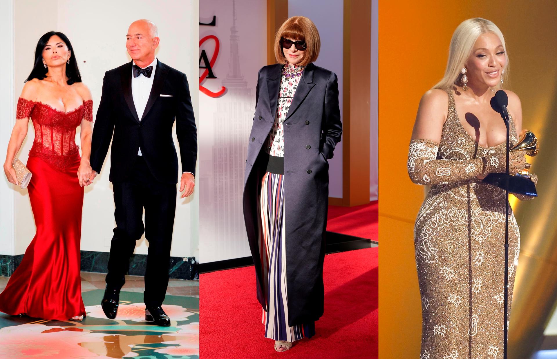 Combo de fotografías de archivo donde aparece Jeff Bezos y su esposa Lauren Sánchez (i), la directora editorial global de Vogue, Anna Wintour (c), y la cantante y compositora Beyoncé. EFE/EPA/T. Shen /O.Guzmán /C. Brehman