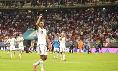 Rodri Hernández de España celebra al finalizar el partido del grupo H del Mundial de la FIFA 2026 entre Uruguay y España en el estadio Akron en Guadalajara (México). EFE/ Francisco Guasco