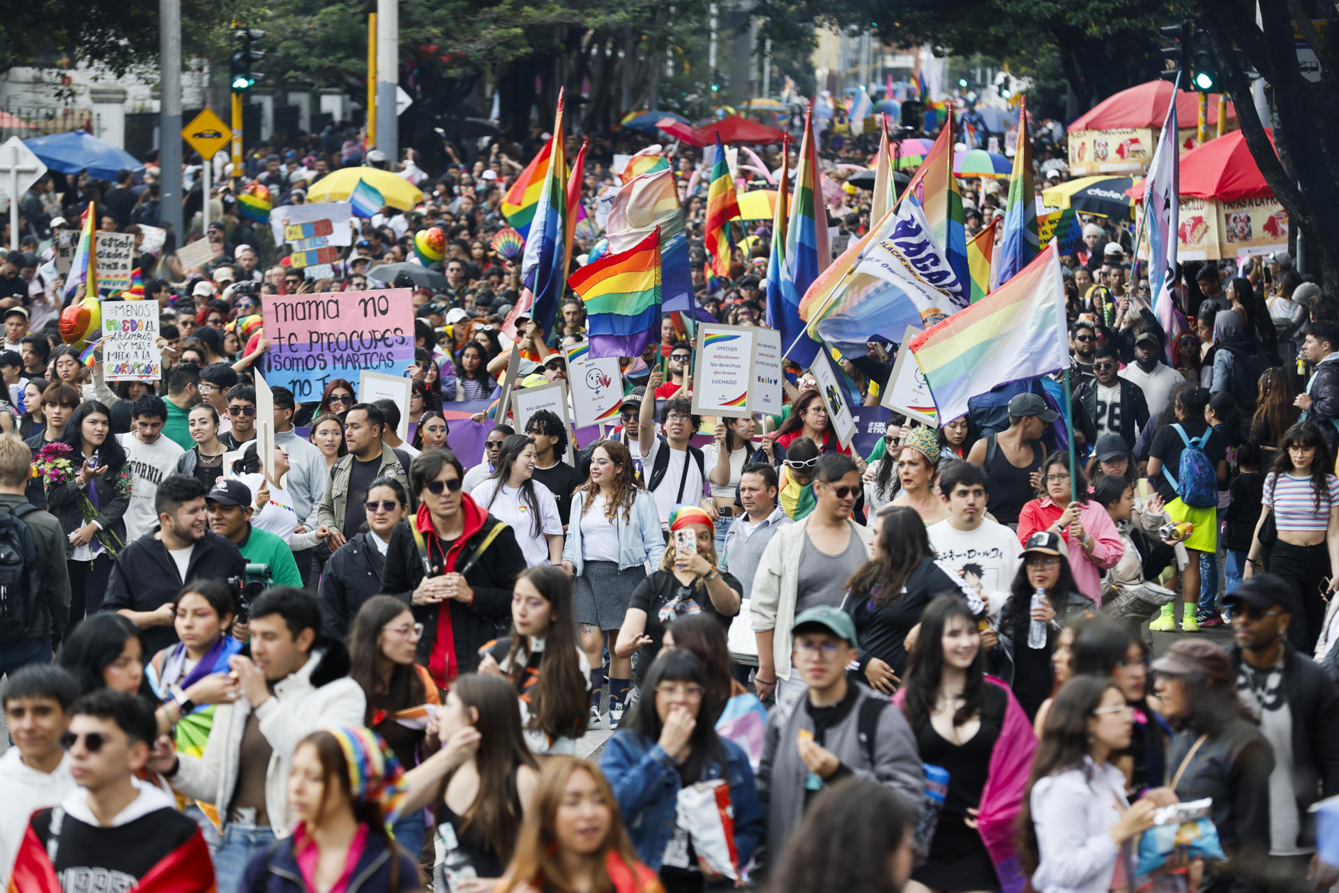 Personas participan en la marcha del Día del Orgullo LGTBI este domingo, en Bogotá (Colombia). EFE/ Carlos Ortega
