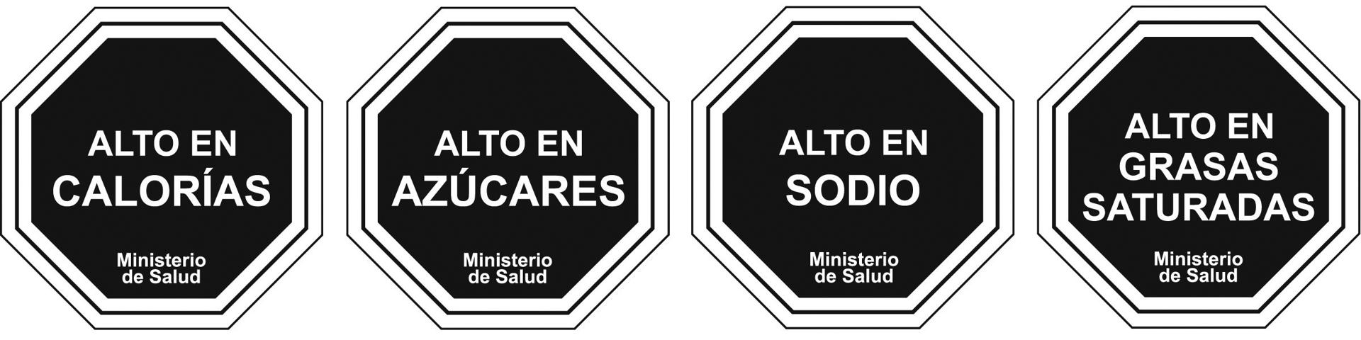 La legislación chilena se centra en los alimentos y bebidas con alto contenido de azúcares, grasas saturadas, sal o calorías a través de medidas como las etiquetas de advertencia obligatorias en la parte frontal del envase en forma de octágonos negros  -en la imagen-. Crédito. Ministerio de Salud de Chile, foto facilitada por The Lancet.