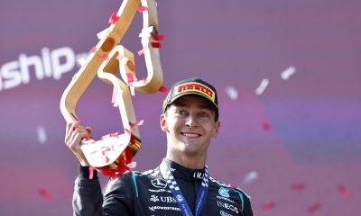 El inglés George Russell (Mercedes) celebra su victoria este domingo en el Gran Premio de AustriaEFE/EPA/ANNA SZILAGYI