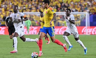 Luis Díaz, de Colombia, en acción durante el partido ante Ghana en Kansas City. EFE/EPA/AMY KONTRAS