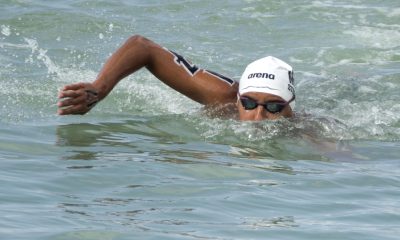Paulo Strehlke, de México, compite este domingo en la categoría 3K de Natación en Aguas Abiertas durante los XXV Juegos Centroamericanos y del Caribe Santo Domingo 2026. EFE/ Orlando Barría
