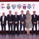 El presidente de Laliga Javier Tebas (c), durante la fotografía de familia en el acto institucional de bienvenida con los clubes ascendidos en primera y segunda para la temporada 2026/27, este martes en Madrid.-EFE/ Chema Moya