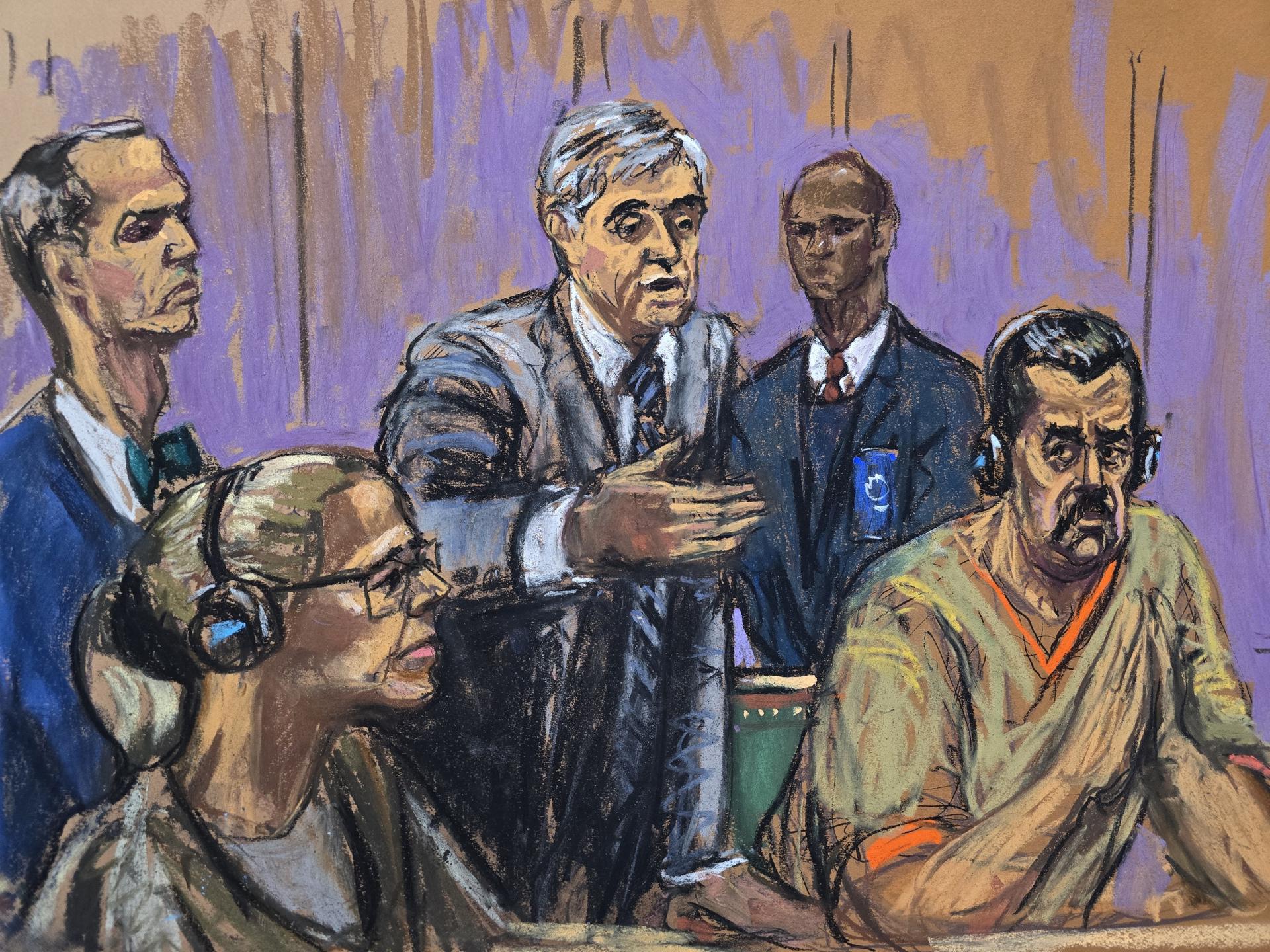 Fotografía de archivo de un dibujo realizado por la artista Jane Rosenberg donde aparece el presidente depuesto de Venezuela, Nicolás Maduro (d), junto a su esposa Cilia Flores (2-i), y sus abogados Mark Donnelly (i) y Barry pollack (c), durante una comparecencia ante un tribunal federal en Nueva York (EE.UU.). EFE/Jane Rosenberg