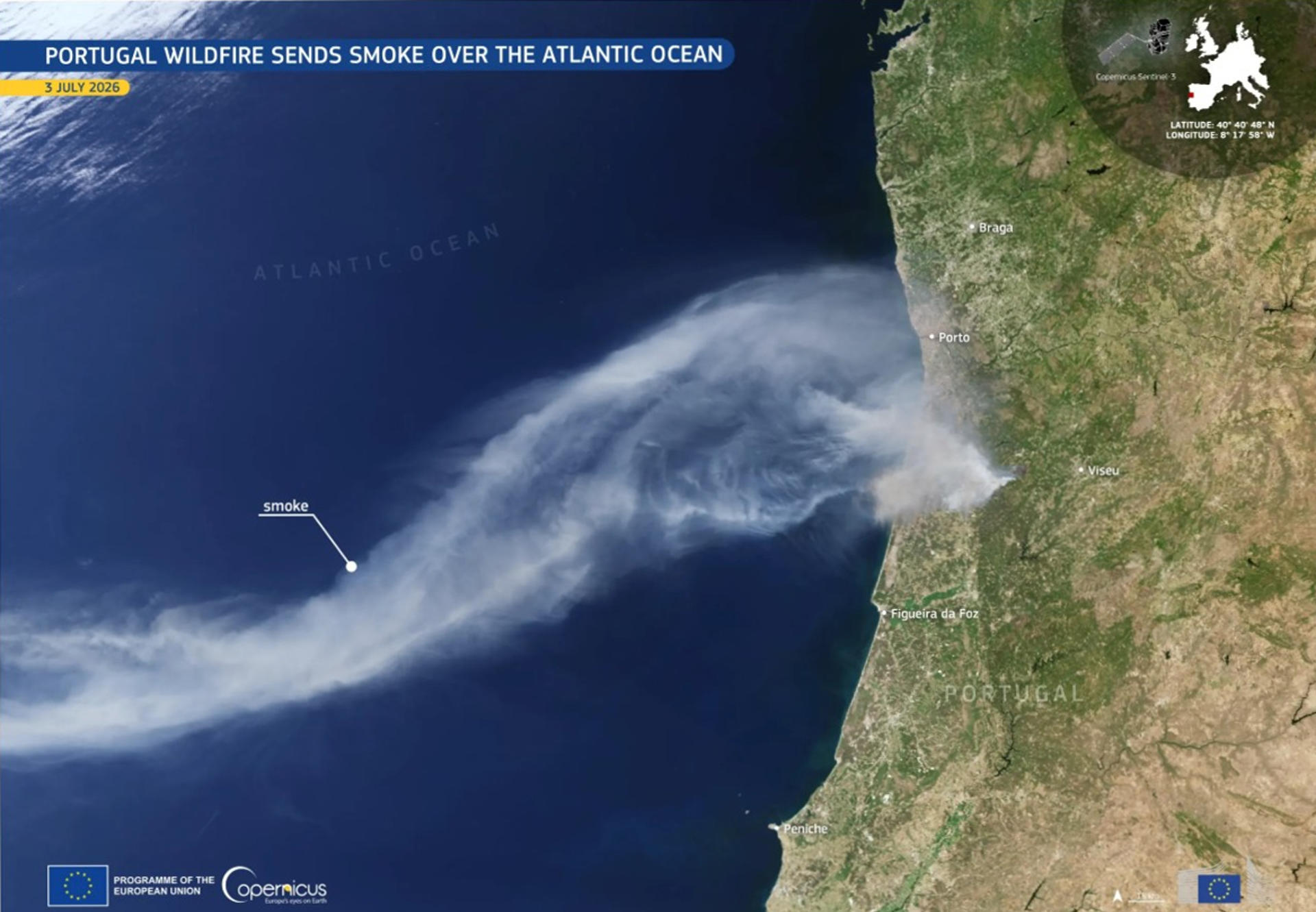 Imagen captada por uno de los satélites Copernicus Sentinel-3 el 3 de julio que muestra una columna de humo que se desplaza hacia el oeste sobre el océano Atlántico, procedente de uno de estos incendios que arde cerca de la ciudad de Vouzela. La Guardia Nacional Republicana (GNR) de Portugal anunció el refuerzo de sus dispositivos de vigilancia, patrullaje y fiscalización en el país ante el agravamiento del riesgo de incendios forestales por las altas temperaturas previstas para los próximos días, después de que el fuego en Vouzela, el mayor este año, quedara controlado aunque con riesgo de reactivaciones. La fuerza de seguridad informó este lunes en un comunicado de que mantiene a todo su dispositivo "en total disponibilidad" para reforzar la prevención, la vigilancia y la detección precoz de incendios rurales, así como la protección de la población y del patrimonio forestal. EFE/ European Union, Copernicus Sentinel-3 Imagery - SOLO USO EDITORIAL/SOLO DISPONIBLE PARA ILUSTRAR LA NOTICIA QUE ACOMPAÑA (CRÉDITO OBLIGATORIO) -