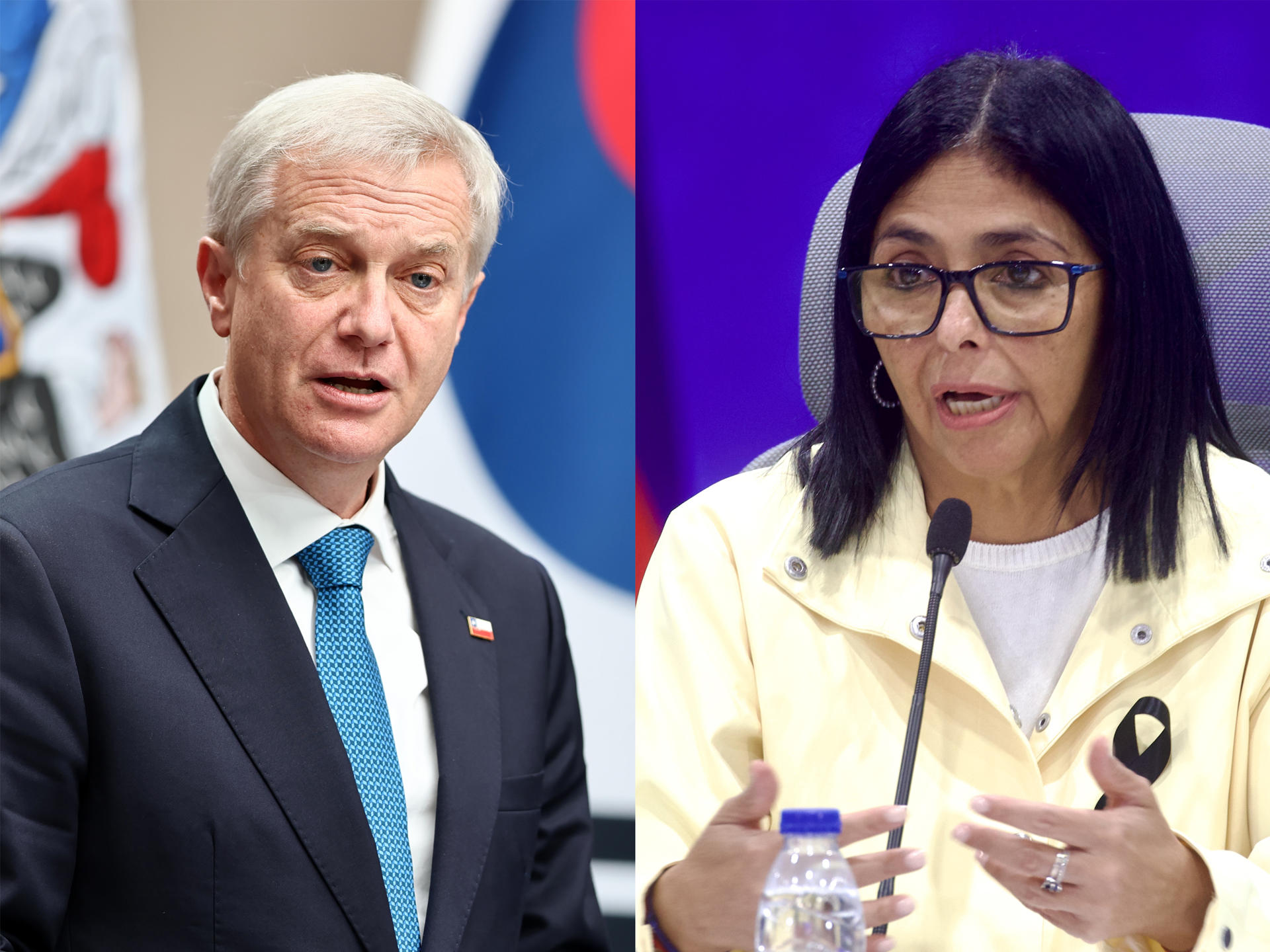 Combo de fotografías que muestra al presidente de Chile, José Antonio Kast (i), y la presidenta encargada de Venezuela, Delcy Rodríguez. EFE/ Javier Torres/Iván Cárdenas