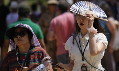 Una turista se resguarda del sol en la Sagrada Familia de Barcelona. EFE/Alejandro García