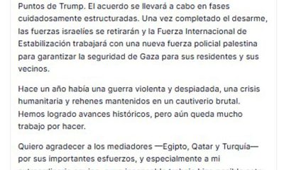 Captura de una publicación en la cuenta @realDonaldTrump en Truth Social del presidente de EE.UU., Donald Trump, donde anuncia que la Junta de Paz alcanzó un acuerdo para el "desarme total" de Hamás y otros grupos armados en Gaza, un paso que calificó de "histórico" hacia la creación de un nuevo gobierno palestino en el enclave. EFE/ @realDonaldTrump