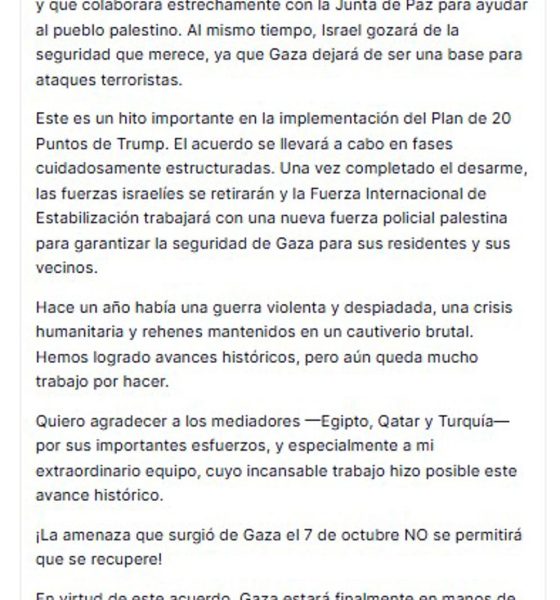 Captura de una publicación en la cuenta @realDonaldTrump en Truth Social del presidente de EE.UU., Donald Trump, donde anuncia que la Junta de Paz alcanzó un acuerdo para el "desarme total" de Hamás y otros grupos armados en Gaza, un paso que calificó de "histórico" hacia la creación de un nuevo gobierno palestino en el enclave. EFE/ @realDonaldTrump